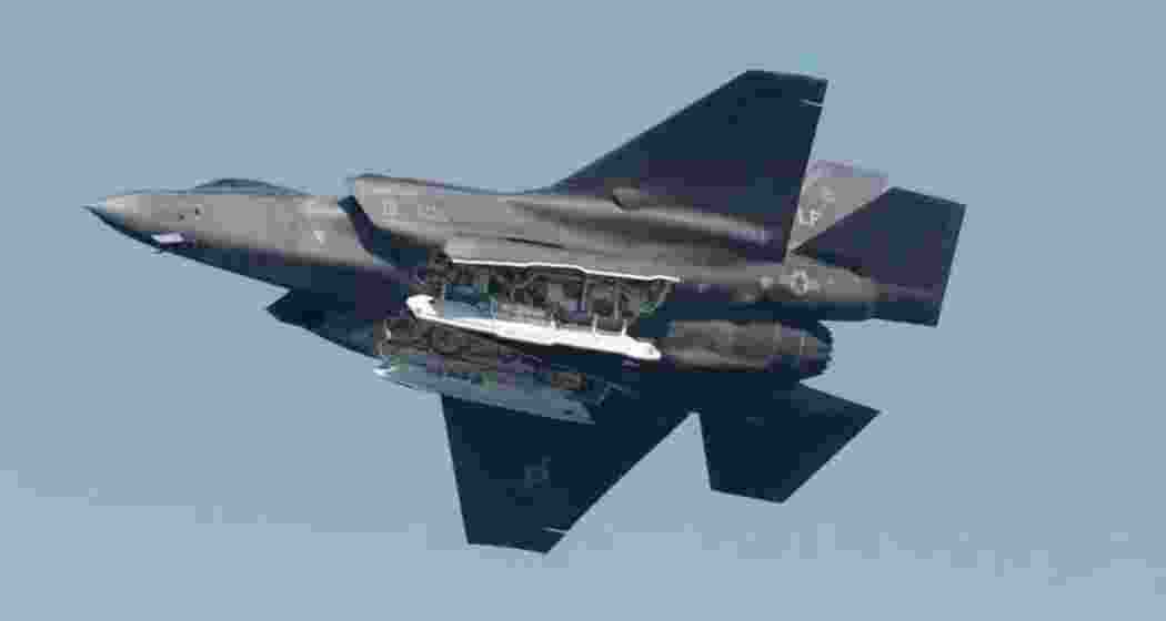 A stealth fighter jet, F-35 during a sortie. A stealth fighter jet, F-35 during a sortie.