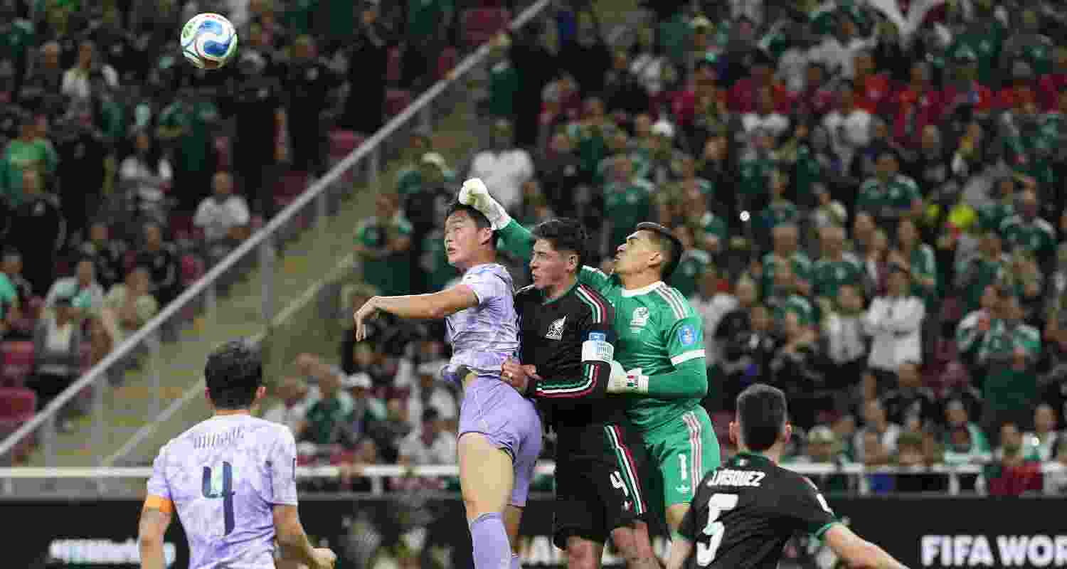 Mexico goalkeeper Raul Rangel (1) and Edson Alvarez (4) make a save against South Korea's Oh Hyeon-gyu during the World Cup Group A soccer match between Mexico and South Korea in Zapopan, near Guadalajara, Mexico, Thursday, June 18, 2026. Mexico goalkeeper Raul Rangel (1) and Edson Alvarez (4) make a save against South Korea's Oh Hyeon-gyu during the World Cup Group A soccer match between Mexico and South Korea in Zapopan, near Guadalajara, Mexico, Thursday, June 18, 2026.
