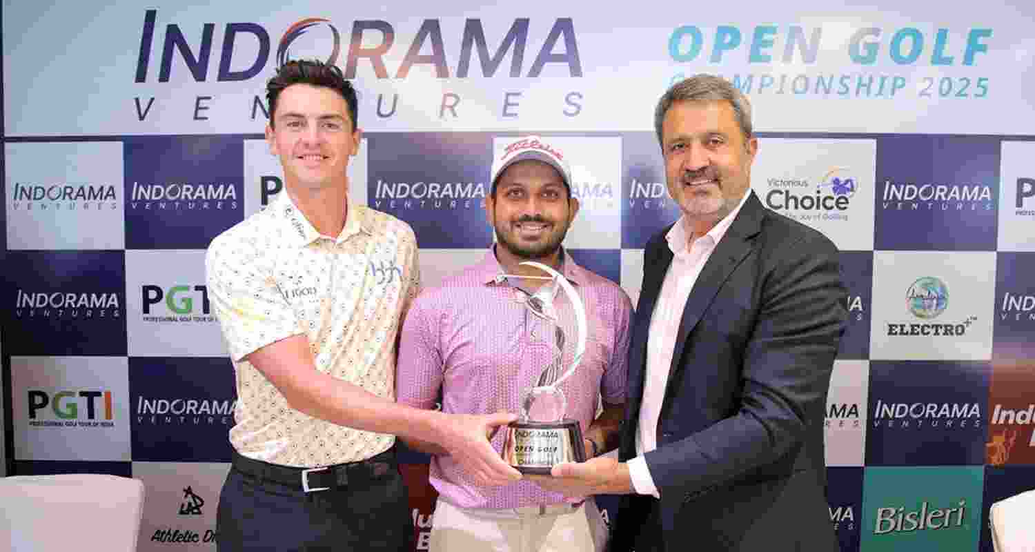 Czech professional golfer Stepan Danek, Indian professional golfer Varun Parikh and Ahmedabad PGTI CEO Amandeep Johal pose with Indorama Ventures Open Golf Championship trophy. Czech professional golfer Stepan Danek, Indian professional golfer Varun Parikh and Ahmedabad PGTI CEO Amandeep Johal pose with Indorama Ventures Open Golf Championship trophy.
