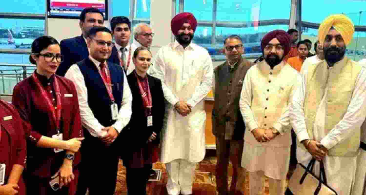 The flight passengers were welcomed and greeted with colourful gifts and vibrant cultural performances with loud Punjabi music resonating across the terminal complex. The flight passengers were welcomed and greeted with colourful gifts and vibrant cultural performances with loud Punjabi music resonating across the terminal complex.