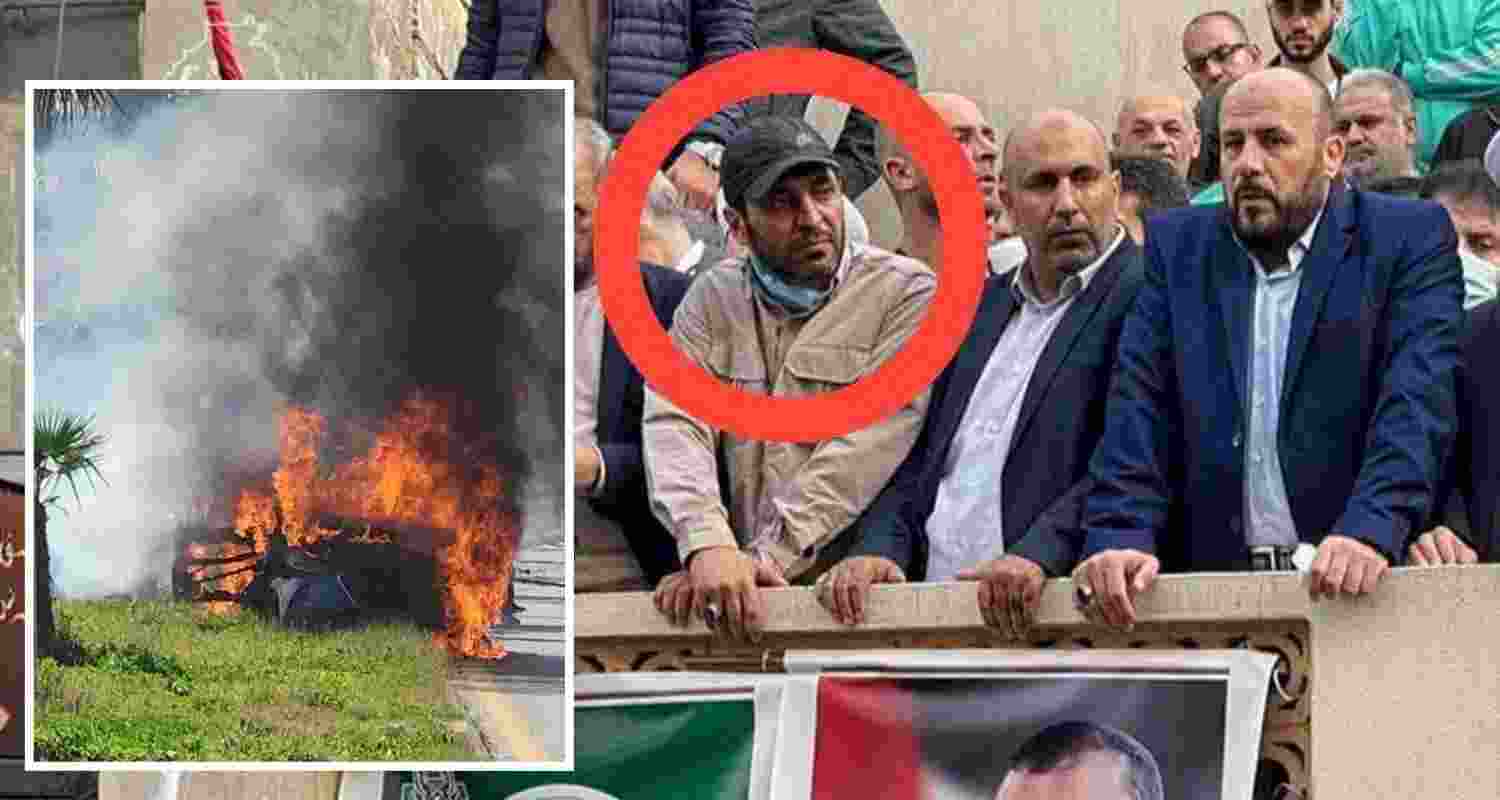 Hamas military chief Mohammad Shaheen(encircled) and his vehicle destroyed in an airstrike (inset). Hamas military chief Mohammad Shaheen(encircled) and his vehicle destroyed in an airstrike (inset).