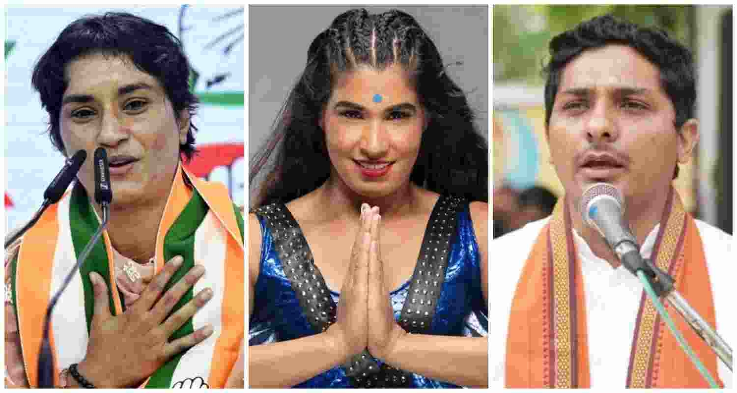 (From left to right) Congress’ Vinesh Phogat, AAP’s Kavita Dalal, and BJP’s Yogesh Bairagi . (From left to right) Congress’ Vinesh Phogat, AAP’s Kavita Dalal, and BJP’s Yogesh Bairagi .