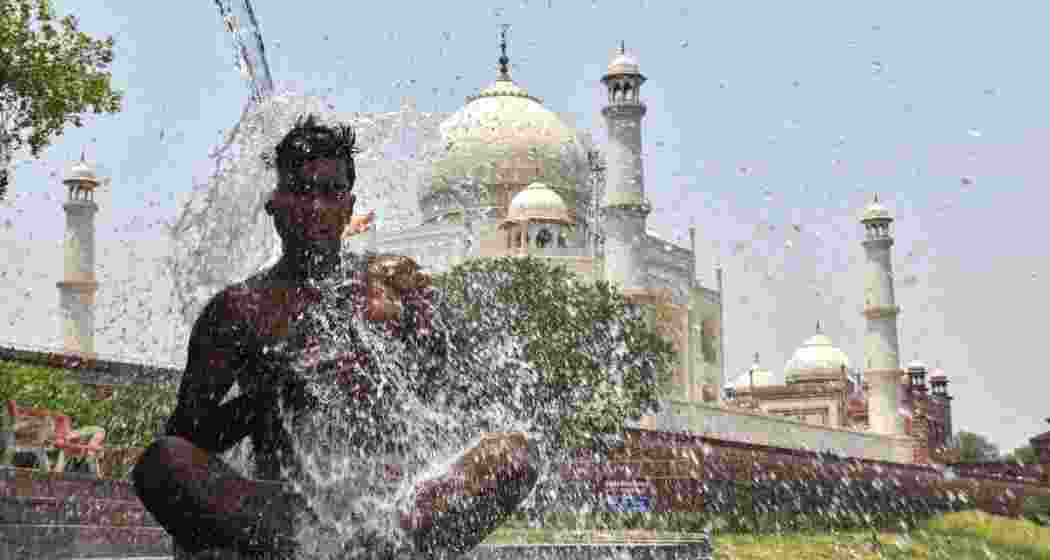 A bathes at the bank of Yamuna river to cool off during a hot summer day, in Agra, Tuesday. A bathes at the bank of Yamuna river to cool off during a hot summer day, in Agra, Tuesday.