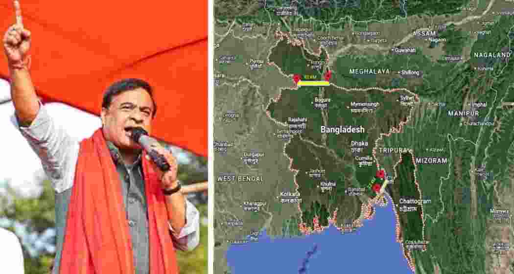 Assam Chief Minister Himanta Biswa Sarma shared an illustration on a map comparing India's Siliguri Corridor with two narrow and vulnerable Bangladeshi corridors — the North Bangladesh and Chittagong corridors. Assam Chief Minister Himanta Biswa Sarma shared an illustration on a map comparing India's Siliguri Corridor with two narrow and vulnerable Bangladeshi corridors — the North Bangladesh and Chittagong corridors.