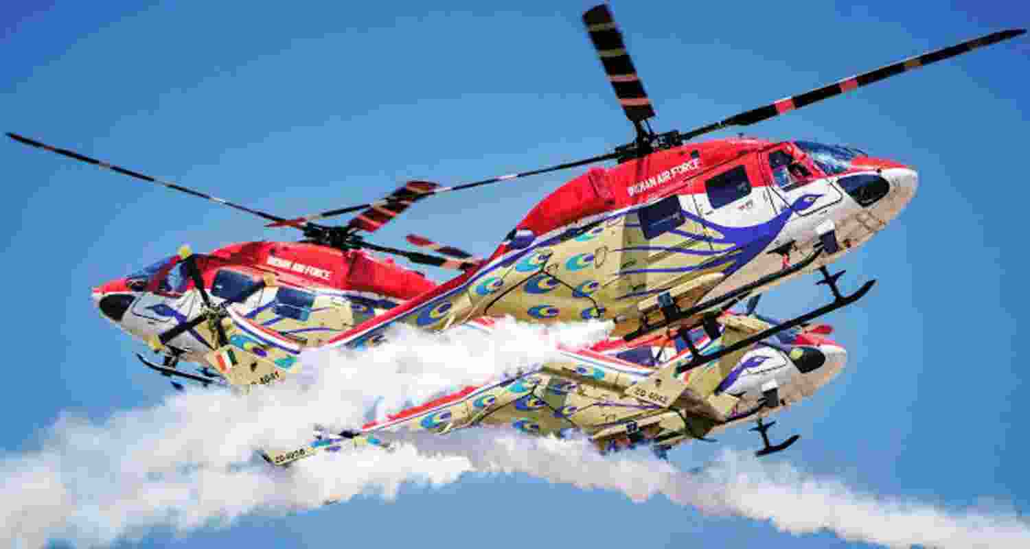 IAF's world-renowned Sarang Helicopter Display Team showcasing its spectacular aerobatics at Singapore Air Show 2024. IAF's world-renowned Sarang Helicopter Display Team showcasing its spectacular aerobatics at Singapore Air Show 2024.