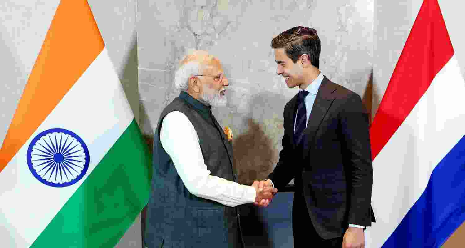 Prime Minister Narendra Modi with his Netherlands counterpart Rob Jetten during an MoU exchange ceremony after a bilateral meeting, in Netherlands. Prime Minister Narendra Modi with his Netherlands counterpart Rob Jetten during an MoU exchange ceremony after a bilateral meeting, in Netherlands.
