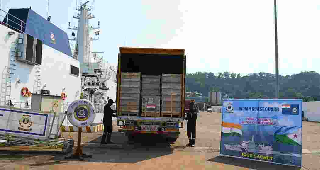 The consignment being loaded onto Indian Coast Guard Ship Sachet as it prepares to set sail for Sudan, carrying over two tonnes of life-saving medicines, including anti-cancer drugs, as part of India's humanitarian mission.
The consignment being loaded onto Indian Coast Guard Ship Sachet as it prepares to set sail for Sudan, carrying over two tonnes of life-saving medicines, including anti-cancer drugs, as part of India's humanitarian mission.