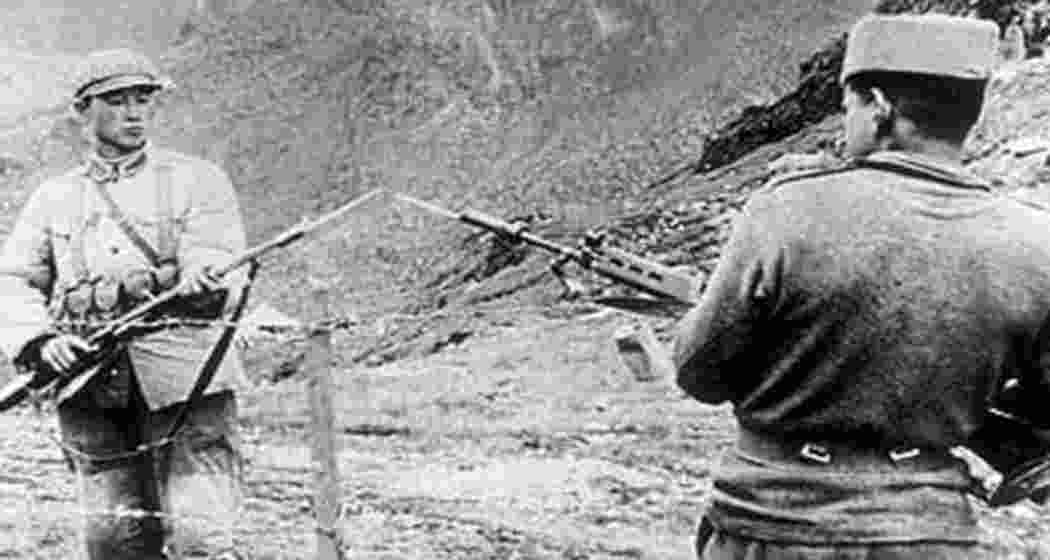 China and India soldiers face off at Nathu La in Sikkim. China and India soldiers face off at Nathu La in Sikkim.