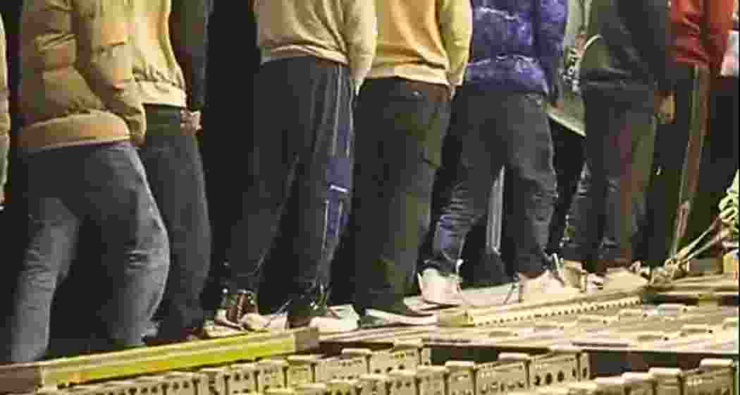 As the US military C-17 aircraft prepares for take-off footage shows handcuffed, shackled Indian deportees boarding the plane. As the US military C-17 aircraft prepares for take-off footage shows handcuffed, shackled Indian deportees boarding the plane.