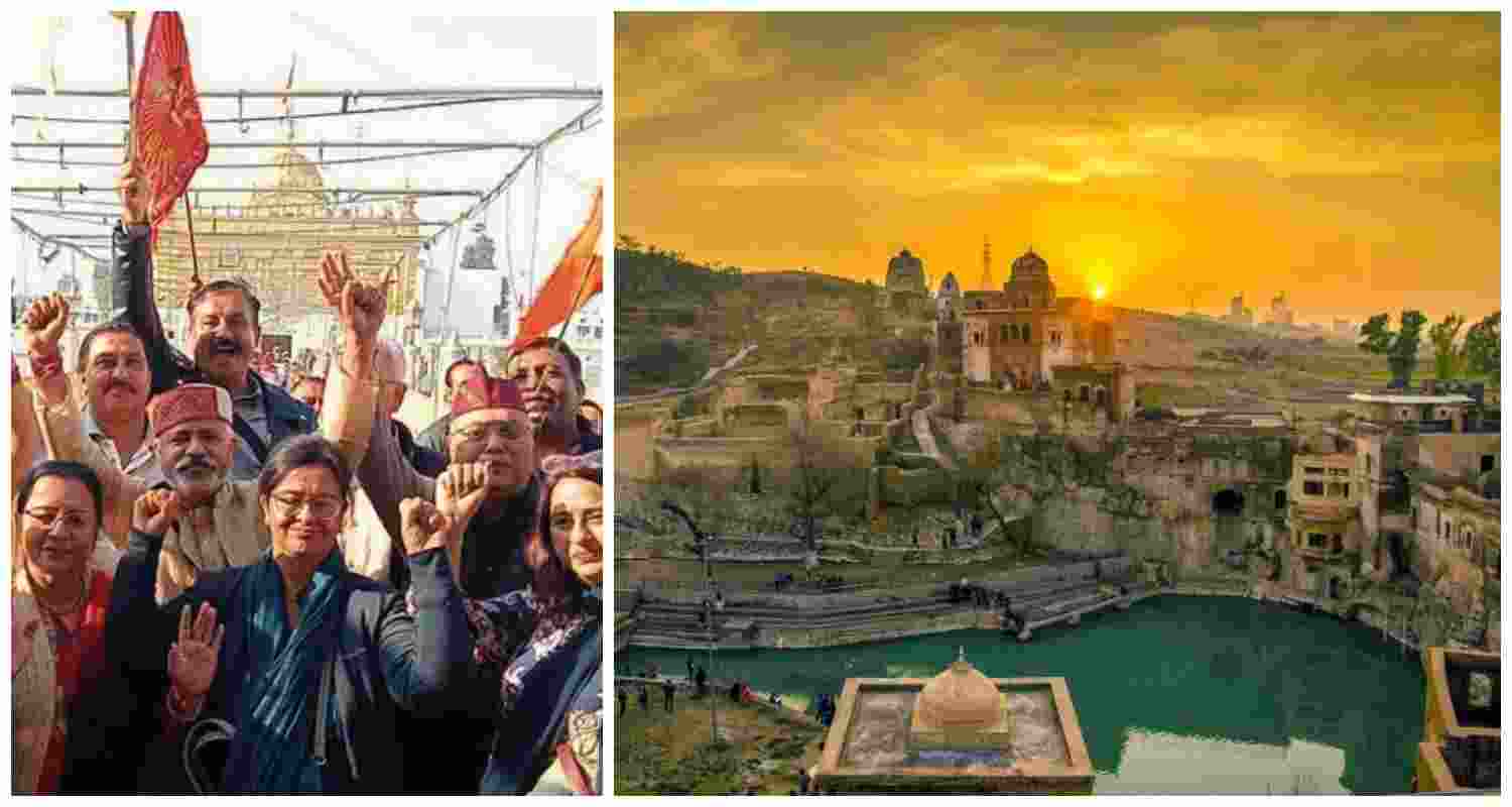 Indian pilgrims leave from Amritsar, with their destination, the Katas Raj Mahadev Temple in Pakistan, seen on the right. Indian pilgrims leave from Amritsar, with their destination, the Katas Raj Mahadev Temple in Pakistan, seen on the right.