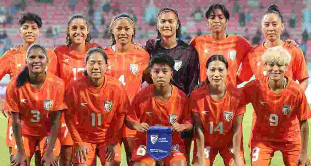 India’s women’s football team members pose for a group photograph. India’s women’s football team members pose for a group photograph.