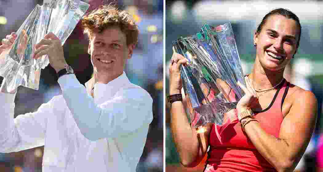 Jannik Sinner and Aryna Sabalenka celebrate with their trophies after winning their maiden titles at the Indian Wells Masters following victories in the men’s and women’s singles finals. Jannik Sinner and Aryna Sabalenka celebrate with their trophies after winning their maiden titles at the Indian Wells Masters following victories in the men’s and women’s singles finals.
