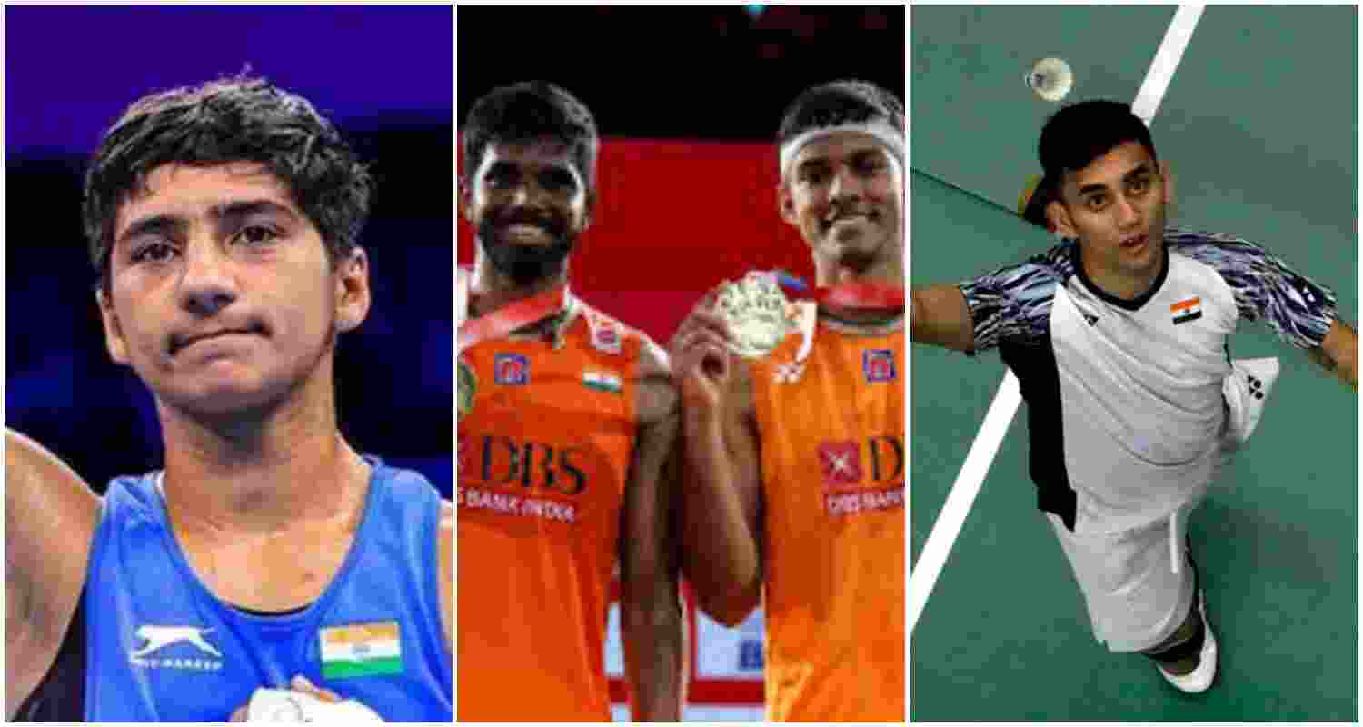(From left to right) Boxer Preeti Pawar (L), Satwiksairaj Rankireddy and Chirag Shetty (M), Lakshya Sen (R). (From left to right) Boxer Preeti Pawar (L), Satwiksairaj Rankireddy and Chirag Shetty (M), Lakshya Sen (R).