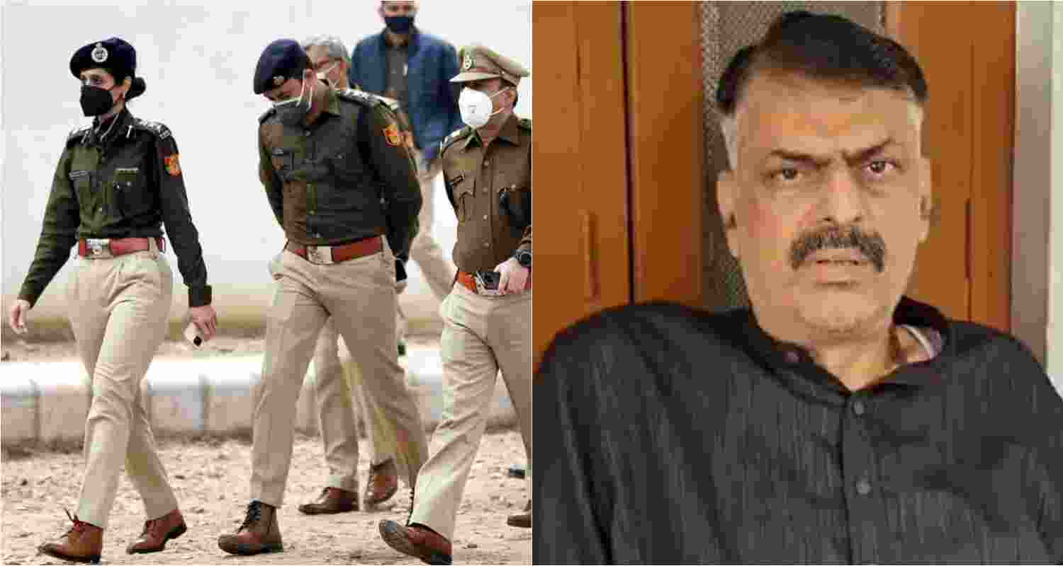 In picture: (L) Delhi police officials. (R) Jharkhand Congress president Rajesh Thakur. In picture: (L) Delhi police officials. (R) Jharkhand Congress president Rajesh Thakur.