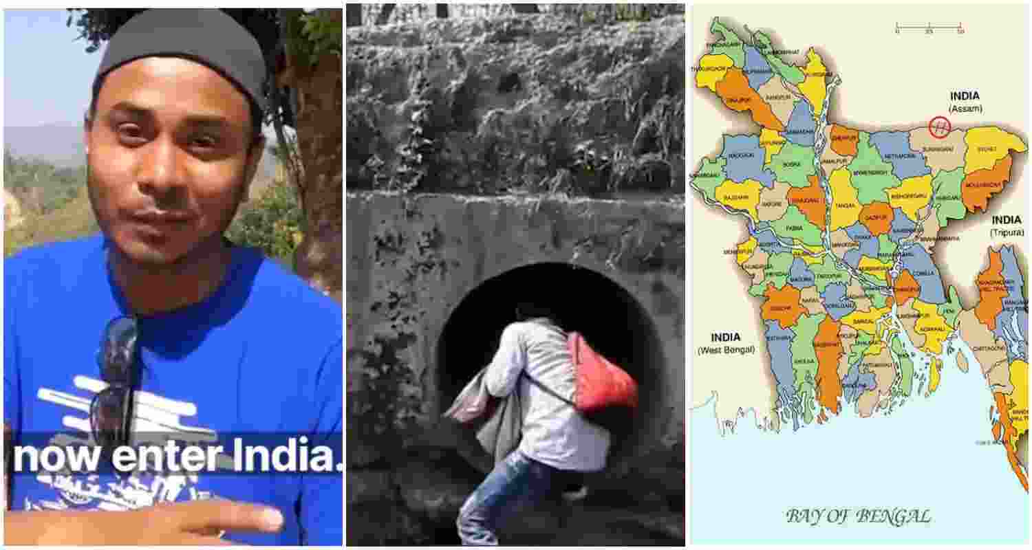 Bangladeshi YouTuber (L) explains to viewers how to illegally enter India through the border area shown in right. Bangladeshi YouTuber (L) explains to viewers how to illegally enter India through the border area shown in right.