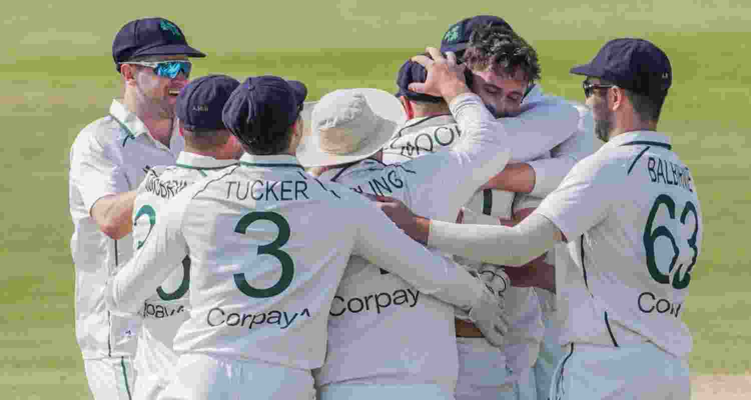 Ireland team celebrate their first Test victory. Image via Ireland Cricket on X. Ireland team celebrate their first Test victory. Image via Ireland Cricket on X.