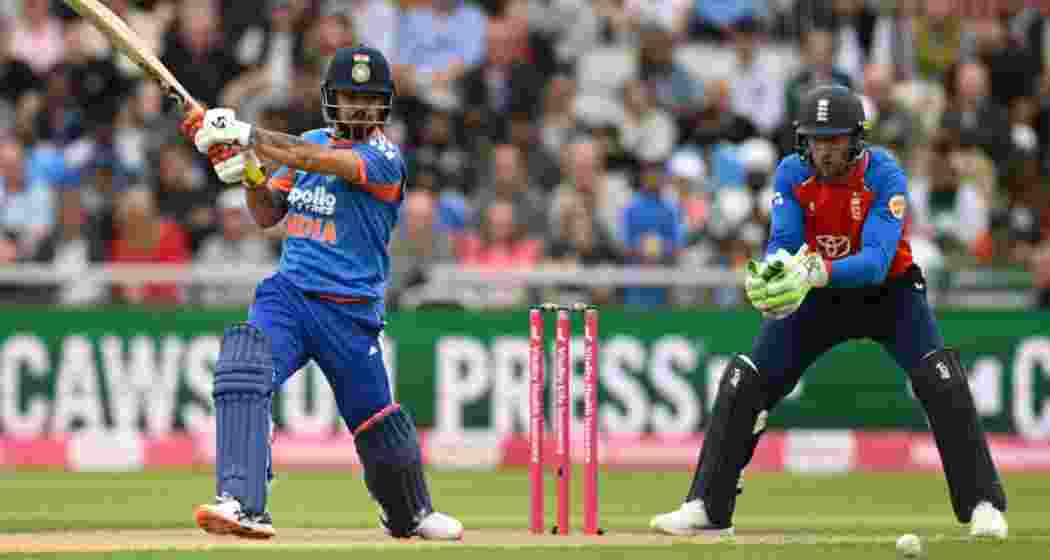 Ishan Kishan plays a shot during the second T20 International against England at Old Trafford in Manchester on Saturday. Ishan Kishan plays a shot during the second T20 International against England at Old Trafford in Manchester on Saturday.