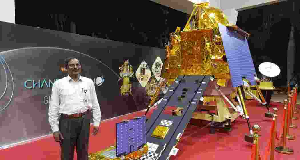 ISRO Chairman V. Narayanan poses near a model of the Chandrayaan-3 moon lander. ISRO Chairman V. Narayanan poses near a model of the Chandrayaan-3 moon lander.