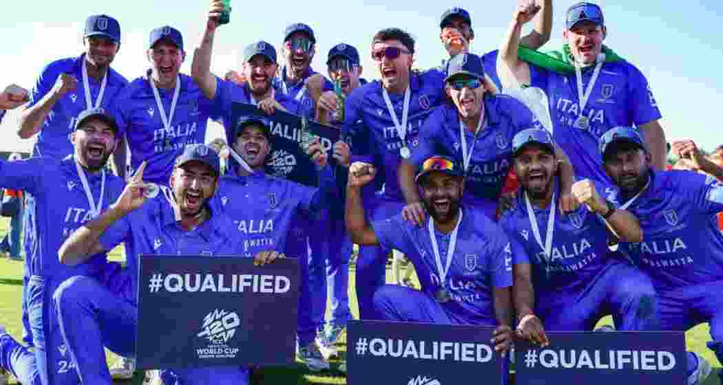 The Italian team celebrates after sealing its first-ever spot at the ICC Men’s T20 World Cup. (Image: ICC) The Italian team celebrates after sealing its first-ever spot at the ICC Men’s T20 World Cup. (Image: ICC)