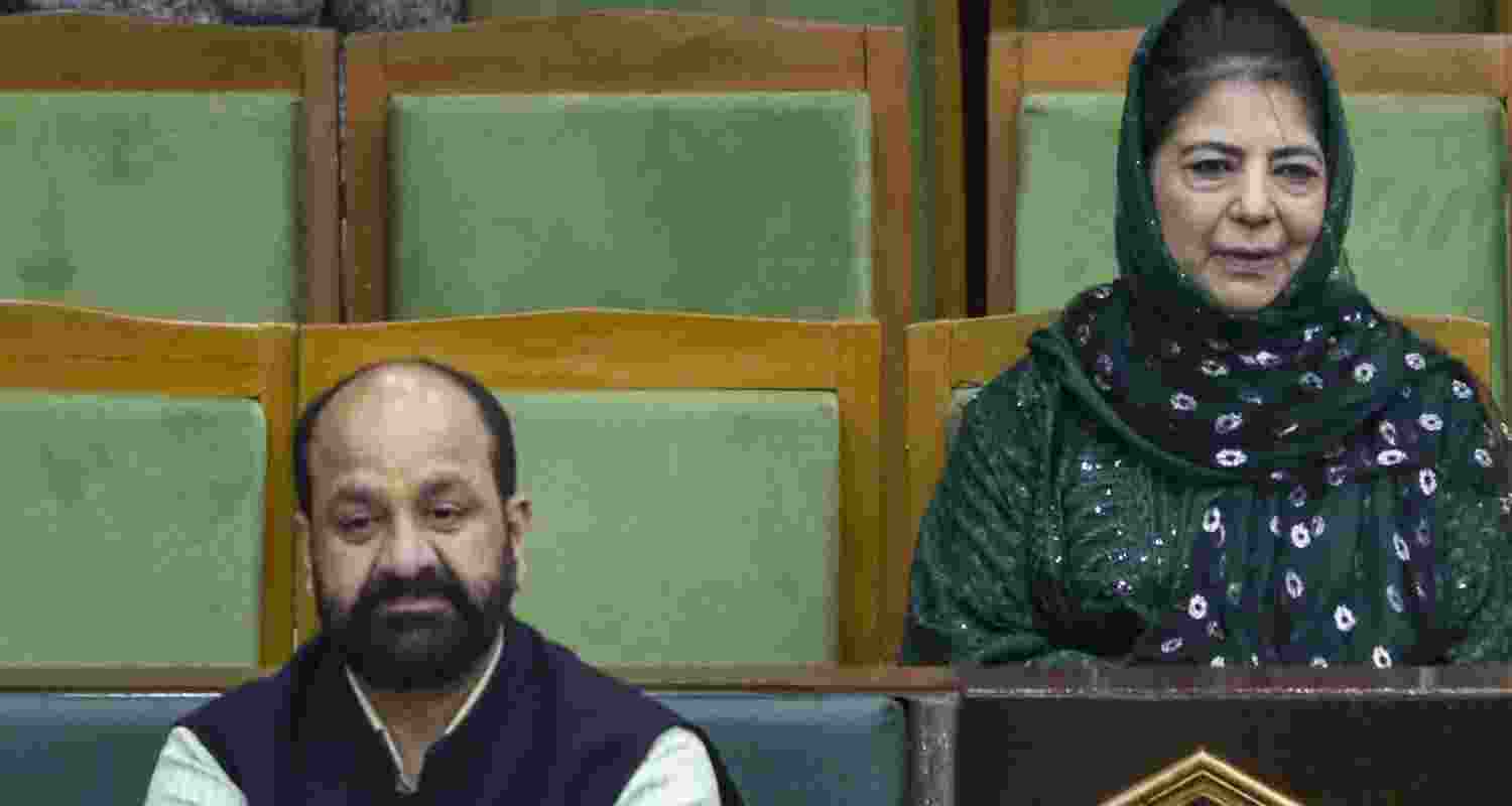 Jammu and Kashmir Peoples Democratic Party (PDP) president Mehbooba Mufti, right, during the budget session of the J&K Assembly, in Jammu, Monday. Jammu and Kashmir Peoples Democratic Party (PDP) president Mehbooba Mufti, right, during the budget session of the J&K Assembly, in Jammu, Monday.