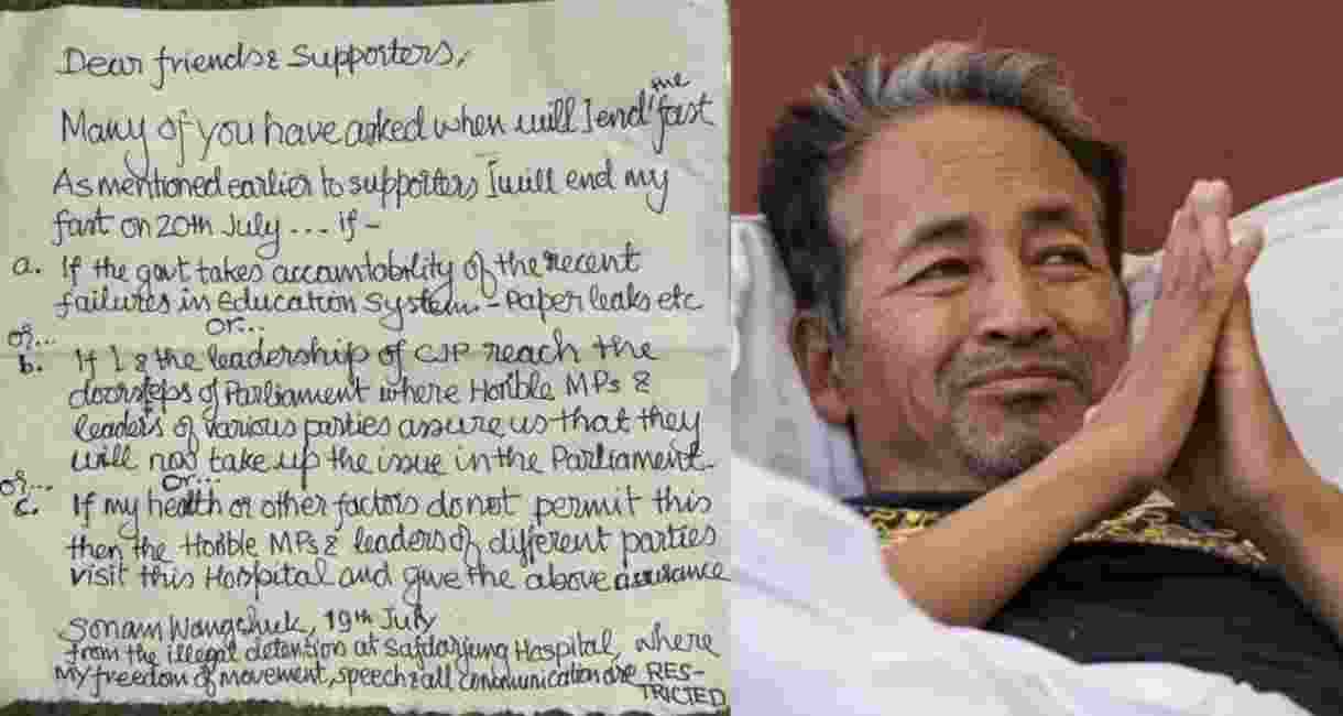 In the statement, Wangchuk referred to his confinement at Safdarjung Hospital, New Delhi as an "illegal detention," where his rights to movement, expression, and communication are severely curtailed. He was forcibly brought to the hospital by Delhi Police on July 18, his 21st day on indefinite hunger strike. In the statement, Wangchuk referred to his confinement at Safdarjung Hospital, New Delhi as an "illegal detention," where his rights to movement, expression, and communication are severely curtailed. He was forcibly brought to the hospital by Delhi Police on July 18, his 21st day on indefinite hunger strike.