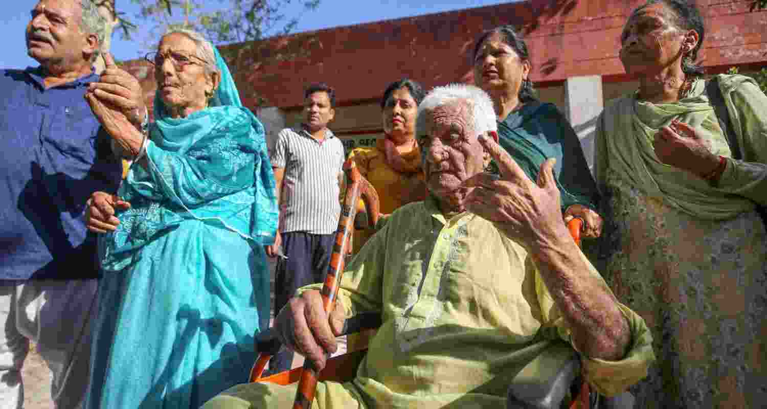 Kashmiri Pandit voters outside a polling station in Jammu. Kashmiri Pandit voters outside a polling station in Jammu.