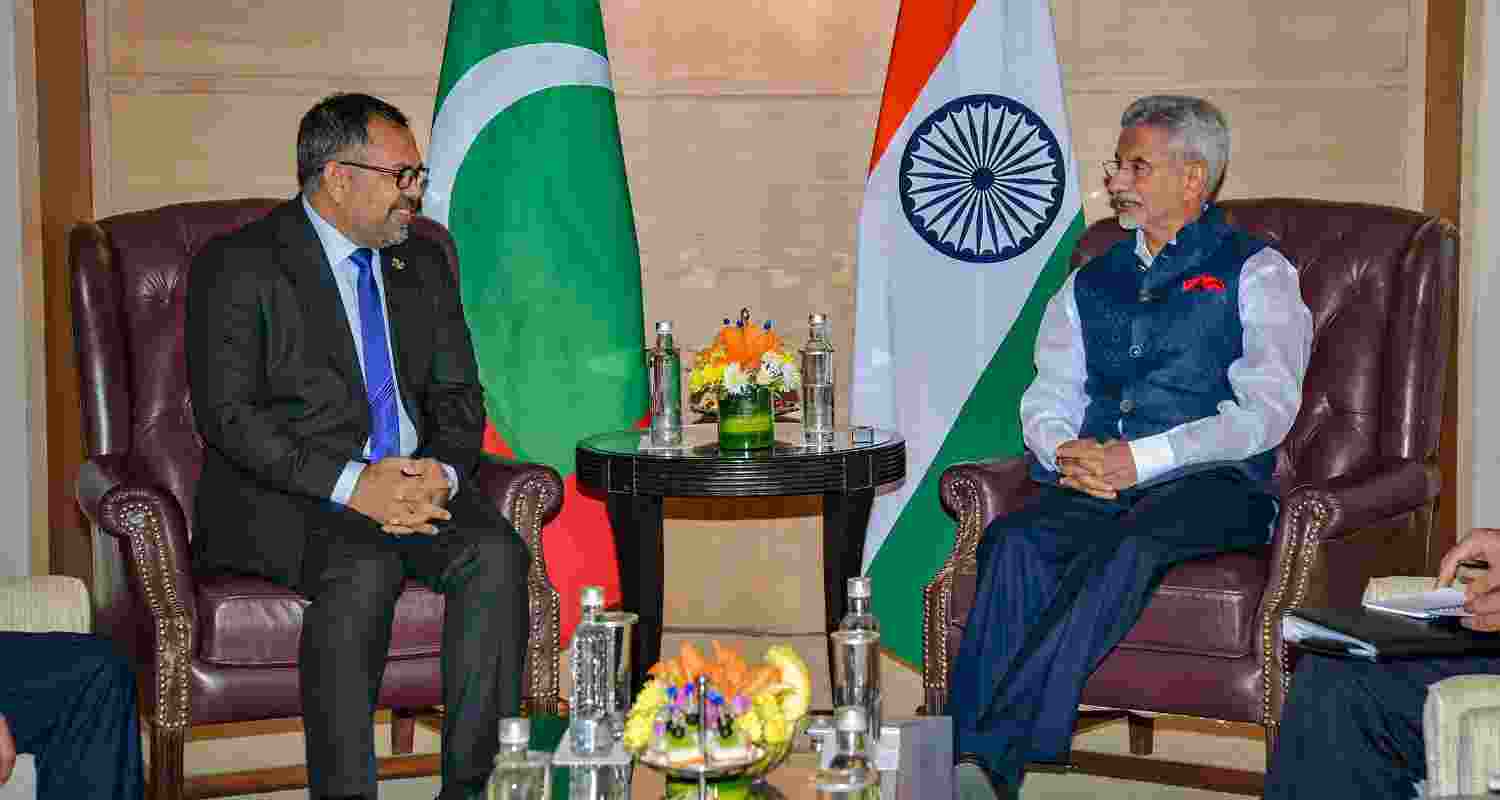 Maldives Foreign Minister Moosa Zameer with External Affairs Minister S Jaishanakar in New Delhi on Thursday. Maldives Foreign Minister Moosa Zameer with External Affairs Minister S Jaishanakar in New Delhi on Thursday.
