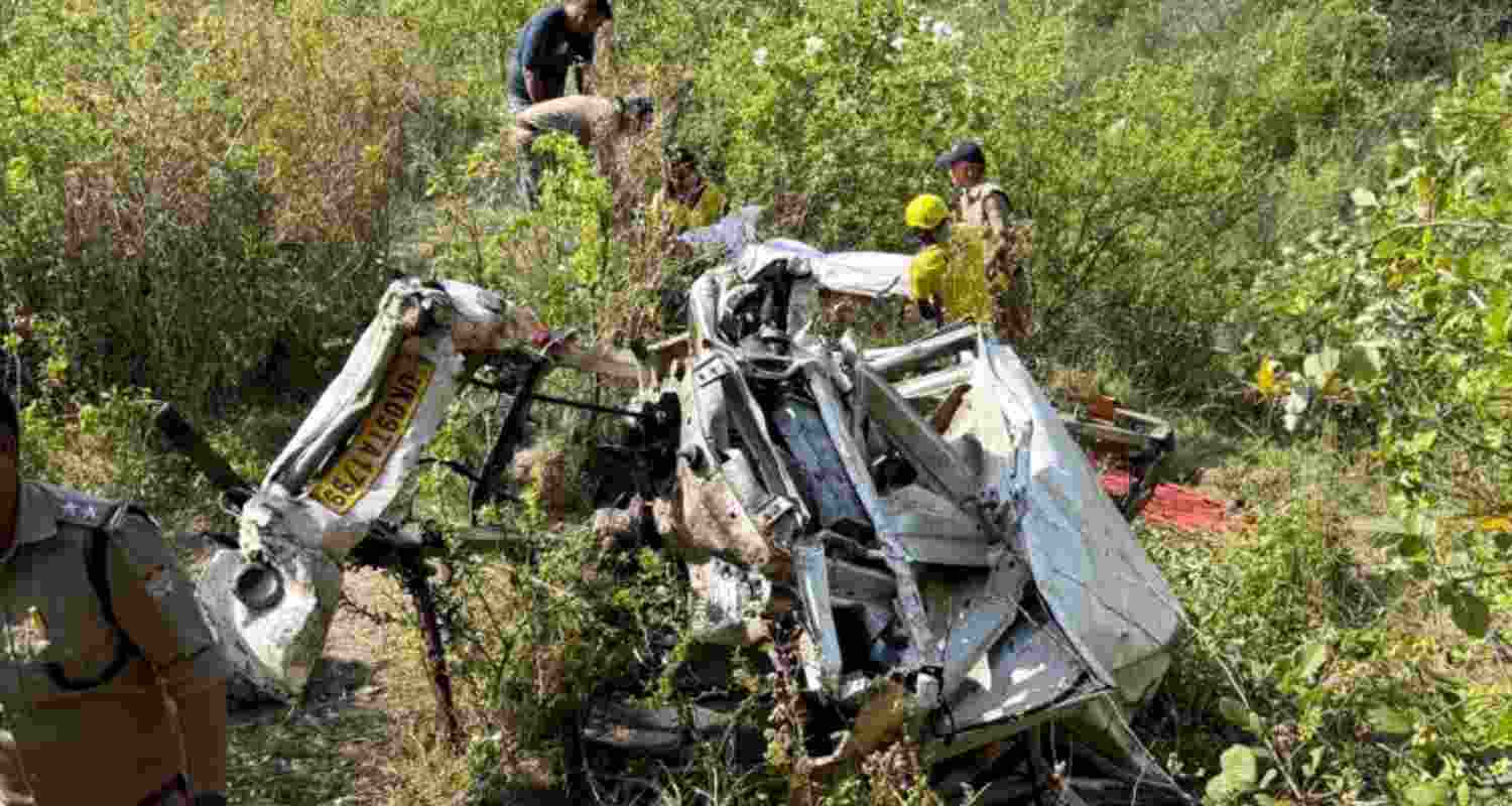 Mangled remains of the vehicle that plunged into a gorge in Tehri district on Thursday, killing eight people. Mangled remains of the vehicle that plunged into a gorge in Tehri district on Thursday, killing eight people.