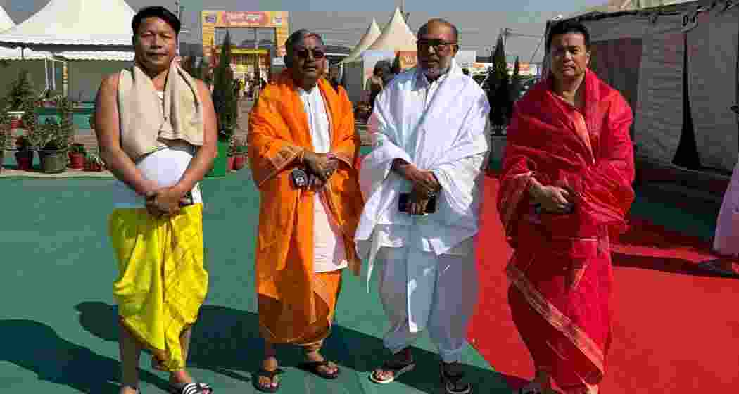 Manipur Chief Minister N Biren Singh, along with cabinet ministers and MLAs, after taking a dip at the confluence of Ganges, Yamuna, and Saraswati during the Maha Kumbh Mela in Prayagraj on Thursday. Manipur Chief Minister N Biren Singh, along with cabinet ministers and MLAs, after taking a dip at the confluence of Ganges, Yamuna, and Saraswati during the Maha Kumbh Mela in Prayagraj on Thursday.