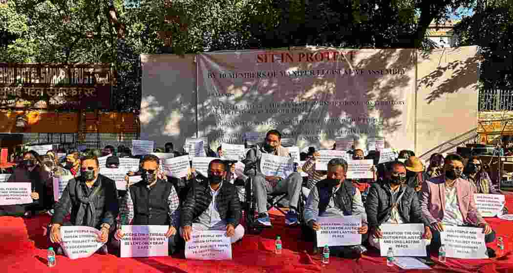 Kuki MLAs holding a silent sit-in protest at Jantar Mantar in New Delhi, demanding better treatment and direct development funds for the hill districts of Manipur on December 10, 2024. Kuki MLAs holding a silent sit-in protest at Jantar Mantar in New Delhi, demanding better treatment and direct development funds for the hill districts of Manipur on December 10, 2024.