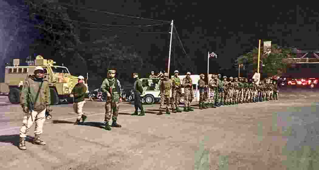 Security personnel stand guard following imposition of President's rule in the state, in Imphal, Manipur, Thursday, Feb. 13, 2025. Security agencies have been put on high alert in the state to counter any mischief by banned terror groups here following imposition of President's rule in the state, officials said Thursday. Security personnel stand guard following imposition of President's rule in the state, in Imphal, Manipur, Thursday, Feb. 13, 2025. Security agencies have been put on high alert in the state to counter any mischief by banned terror groups here following imposition of President's rule in the state, officials said Thursday.