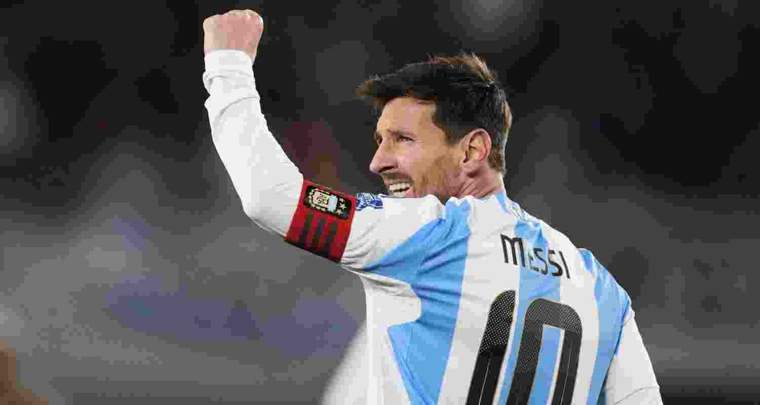 Argentina's Lionel Messi celebrates scoring his side's third goal against Venezuela during a World Cup 2026 qualifying soccer match at the Monumental stadium in Buenos Aires, Argentina, Thursday. Argentina's Lionel Messi celebrates scoring his side's third goal against Venezuela during a World Cup 2026 qualifying soccer match at the Monumental stadium in Buenos Aires, Argentina, Thursday.