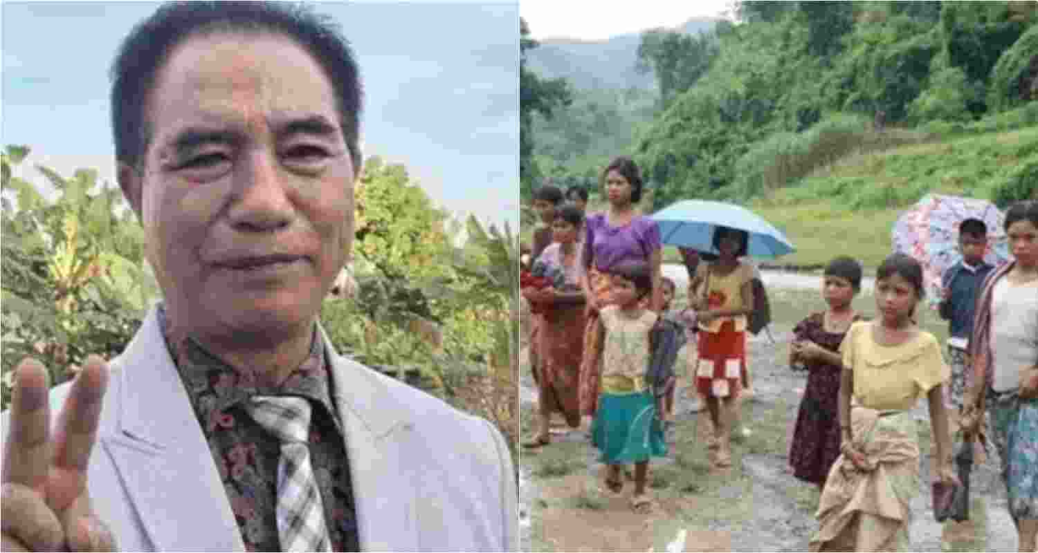 Mizoram's Chief Minister Lalduhoma along with Defence Minister Rajnath Singh. Refugees from Myanmar. Mizoram's Chief Minister Lalduhoma along with Defence Minister Rajnath Singh. Refugees from Myanmar.