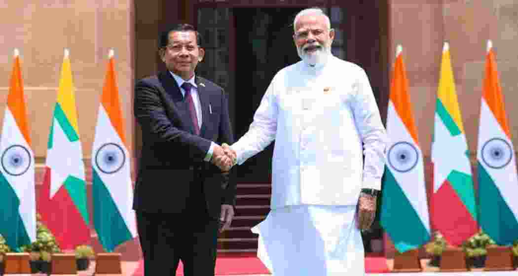 Prime Minister Narendra Modi with Myanmar President Min Aung Hlaing in New Delhi on Monday. Prime Minister Narendra Modi with Myanmar President Min Aung Hlaing in New Delhi on Monday.