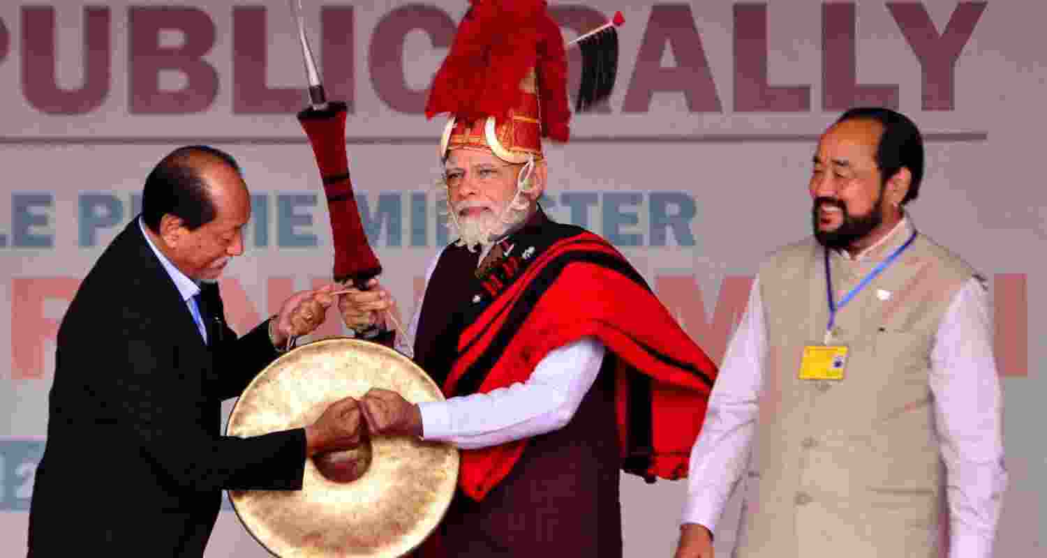 Nagaland Chief Minister Neiphiu Rio presents Naga traditional dress to Prime Minister Narendra Modi at a public rally ahead in Nagaland's Chumukedima district. File photo. Nagaland Chief Minister Neiphiu Rio presents Naga traditional dress to Prime Minister Narendra Modi at a public rally ahead in Nagaland's Chumukedima district. File photo.