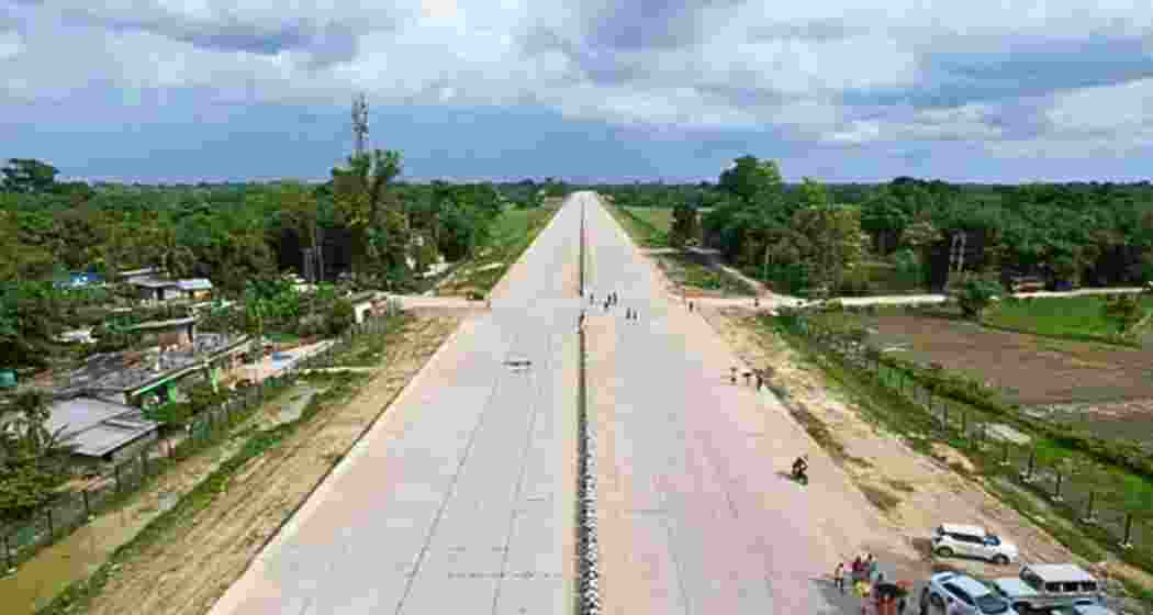 An aerial view of the Dibrugarh-Moran highway in Assam, where an emergency landing facility has been prepared for Prime Minister Narendra Modi’s aircraft and Indian Air Force fighter jets. (Image: Special arrangement) An aerial view of the Dibrugarh-Moran highway in Assam, where an emergency landing facility has been prepared for Prime Minister Narendra Modi’s aircraft and Indian Air Force fighter jets. (Image: Special arrangement)