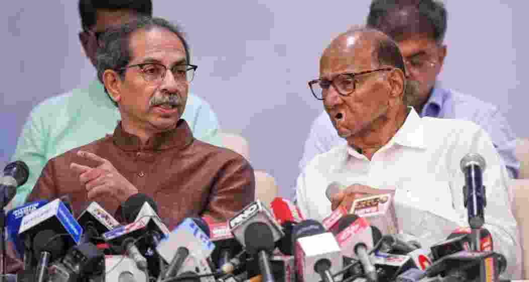Shiv Sena (UBT) chief Uddhav Thackeray and NCP (SP) chief Sharad Pawar during a Maha Vikas Aghadi meeting. Shiv Sena (UBT) chief Uddhav Thackeray and NCP (SP) chief Sharad Pawar during a Maha Vikas Aghadi meeting.