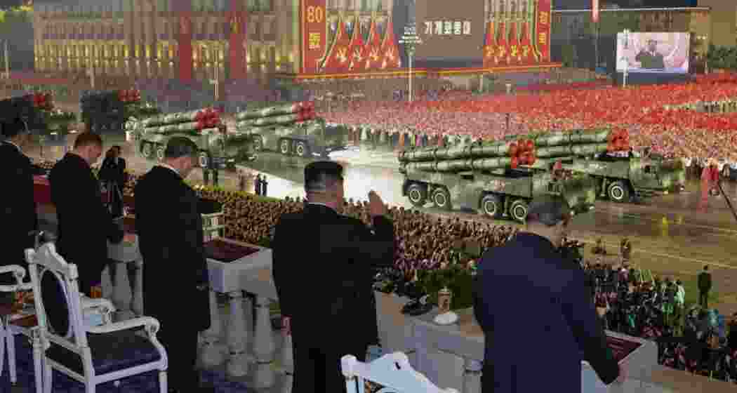 Kim receives a ceremonial salute during Pyongyang’s grand military parade, as troops and missile units march past to mark the 80th anniversary of the Workers’ Party.
Kim receives a ceremonial salute during Pyongyang’s grand military parade, as troops and missile units march past to mark the 80th anniversary of the Workers’ Party.