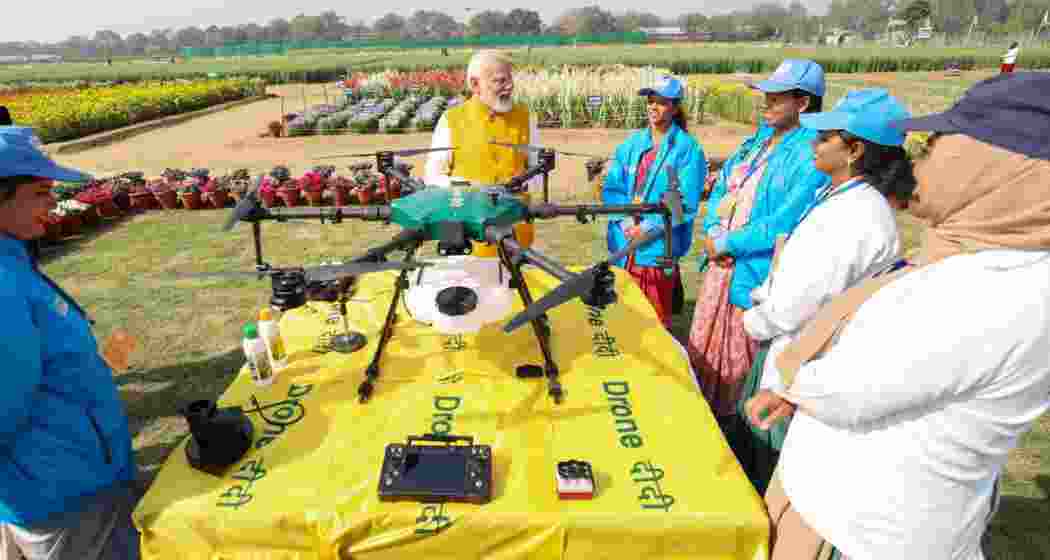 PM witnessing agricultural drone demonstrations by Namo Drone Didis during Sashakt Nari- Viksit Bharat programme at Indian Agricultural Research Institute, Pusa, in New Delhi on Monday. PM witnessing agricultural drone demonstrations by Namo Drone Didis during Sashakt Nari- Viksit Bharat programme at Indian Agricultural Research Institute, Pusa, in New Delhi on Monday.