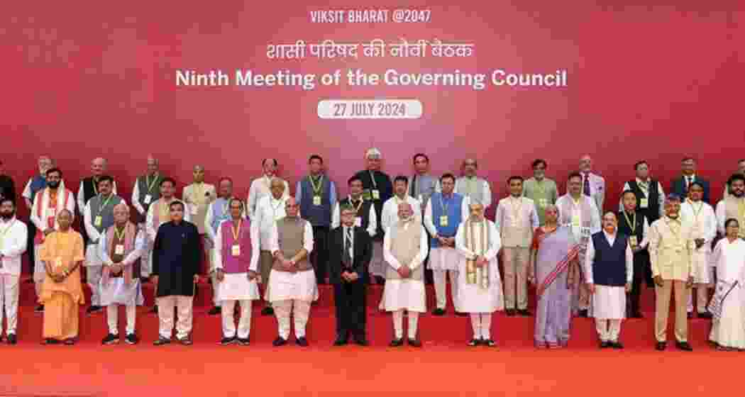 Prime Minister Narendra Modi, Chief Ministers, Union Ministers, and NITI Aayog officials at the 9th Governing Council meeting on July 27, 2024. Prime Minister Narendra Modi, Chief Ministers, Union Ministers, and NITI Aayog officials at the 9th Governing Council meeting on July 27, 2024.