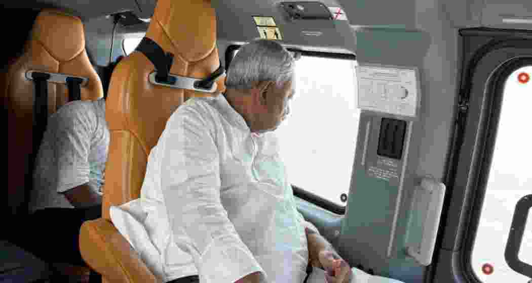 Bihar CM Nitish Kumar during an aerial survey of the rising water level of rivers in Gopalganj and East Champaran districts. Bihar CM Nitish Kumar during an aerial survey of the rising water level of rivers in Gopalganj and East Champaran districts.