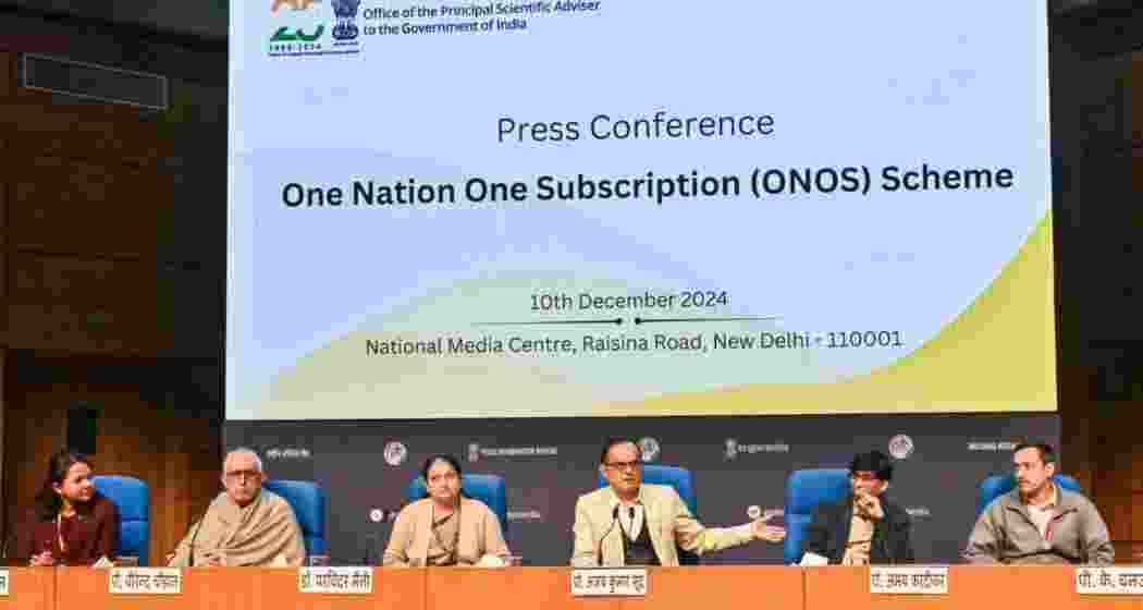Ajay Sood, Principal Scientific Adviser, Abhay Karandikar, Secretary, Department of Science and Technology, Parvinder Maini, Scientific Secretary to Principle Scientific Advisor and others during a press conference on 'One Nation, One Subscription' (ONOS) scheme, in New Delhi. Ajay Sood, Principal Scientific Adviser, Abhay Karandikar, Secretary, Department of Science and Technology, Parvinder Maini, Scientific Secretary to Principle Scientific Advisor and others during a press conference on 'One Nation, One Subscription' (ONOS) scheme, in New Delhi.