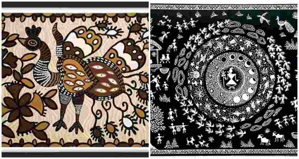 Sohrai painting from Jharkhand's Hazaribagh district (L), .Mahadeva the protector – a Warli painting (R). Sohrai painting from Jharkhand's Hazaribagh district (L), .Mahadeva the protector – a Warli painting (R).