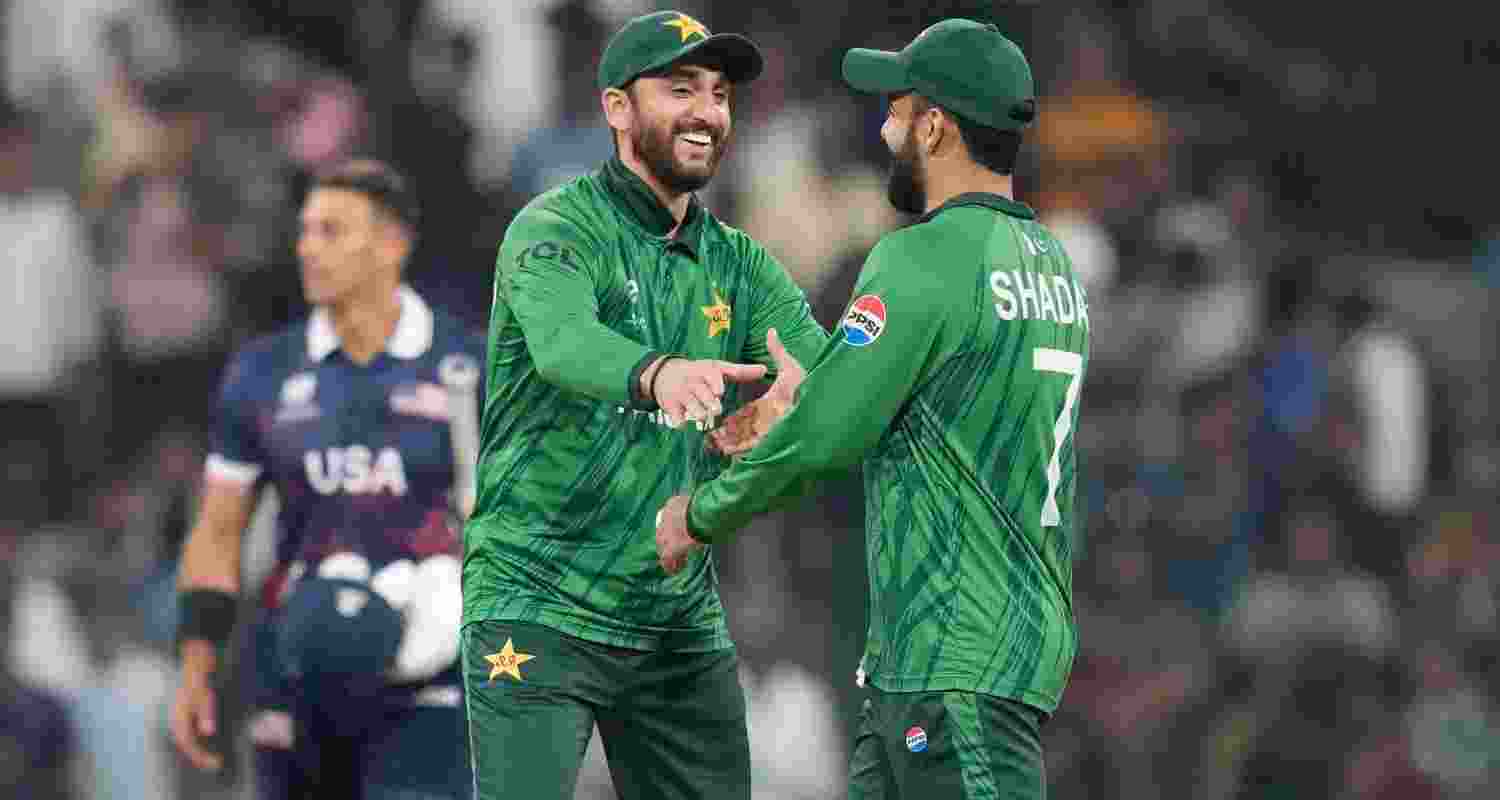 Pakistan's Shadab Khan (right) and Pakistan's captain Salman Agha celebrate after they won the T20 World Cup cricket match against the United States in Colombo, Sri Lanka, Tuesday. Pakistan's Shadab Khan (right) and Pakistan's captain Salman Agha celebrate after they won the T20 World Cup cricket match against the United States in Colombo, Sri Lanka, Tuesday.