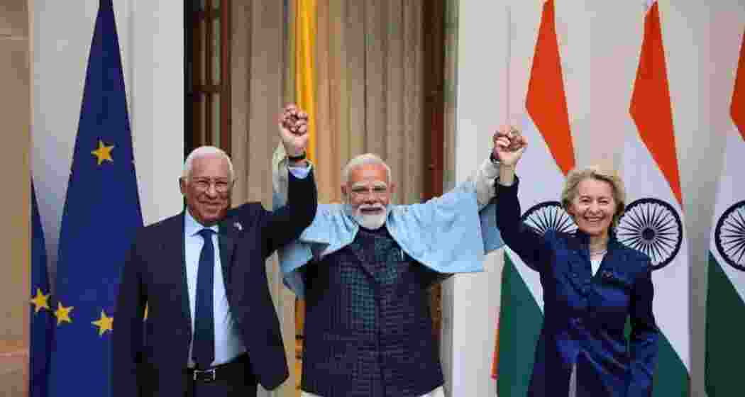 (From left) European Council President Antonio Costa, European Commission President Ursula von der Leyen and Prime Minister Narendra Modi pose for a photo ahead of their meeting at Hyderabad House in New Delhi. (From left) European Council President Antonio Costa, European Commission President Ursula von der Leyen and Prime Minister Narendra Modi pose for a photo ahead of their meeting at Hyderabad House in New Delhi.