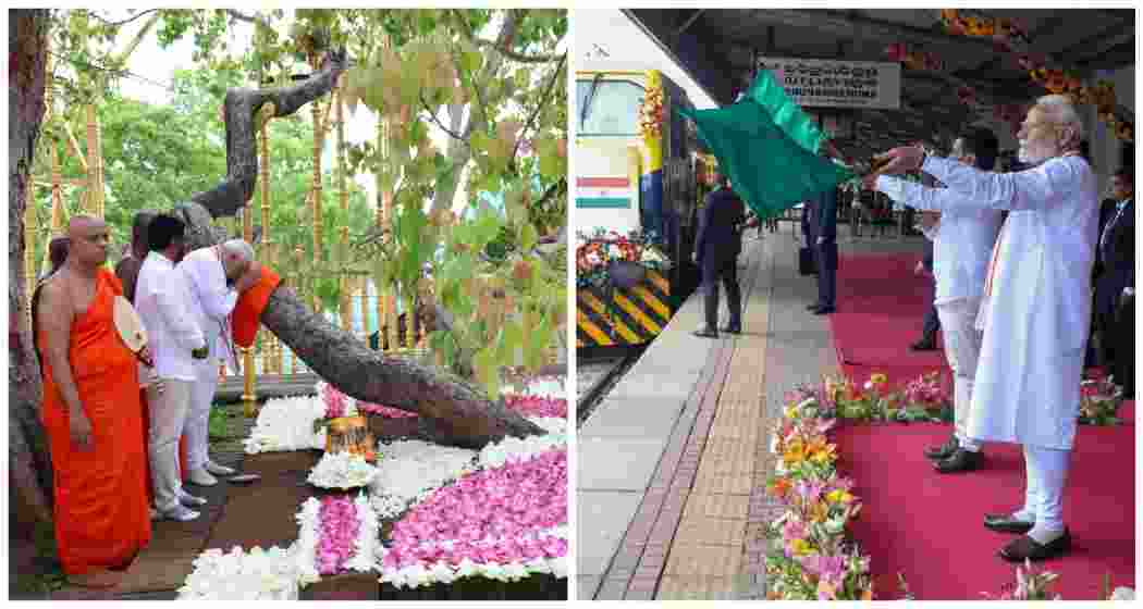 Prime Minister Narendra Modi offers prayers at the sacred Jaya Sri Maha Bodhi in Anuradhapura, Sri Lanka, alongside President Dissanayake (L). Prime Minister Narendra Modi and Sri Lankan President Anura Kumara Dissanayake jointly inaugurate India-assisted railway projects in Anuradhapura (R). Prime Minister Narendra Modi offers prayers at the sacred Jaya Sri Maha Bodhi in Anuradhapura, Sri Lanka, alongside President Dissanayake (L). Prime Minister Narendra Modi and Sri Lankan President Anura Kumara Dissanayake jointly inaugurate India-assisted railway projects in Anuradhapura (R).