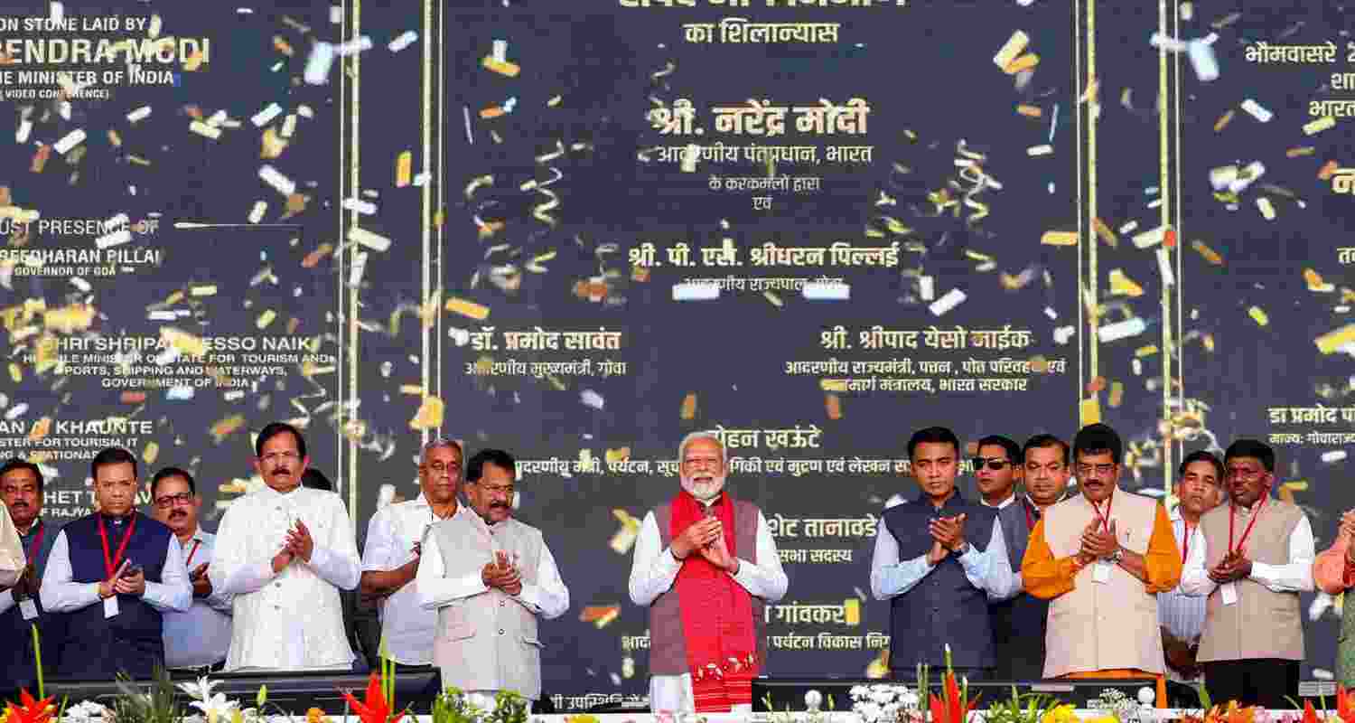 PM Modi with Goa CM Pramod Sawant during the the 'Viksit Bharat, Viksit Goa' event in Panaji, Goa. PM Modi with Goa CM Pramod Sawant during the the 'Viksit Bharat, Viksit Goa' event in Panaji, Goa.