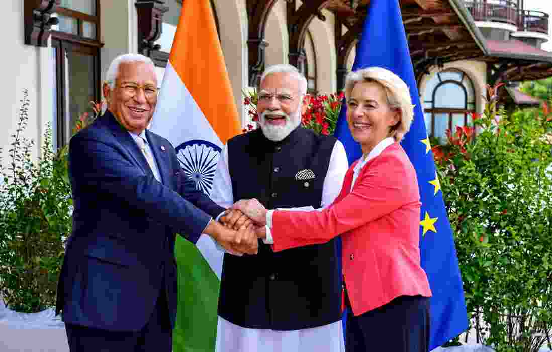 Prime Minister Narendra Modi during a meeting with European Commission President Ursula von der Leyen and European Council President Antonio Costa on the sidelines of the G7 Summit, in Evian-les-Bains, France. Prime Minister Narendra Modi during a meeting with European Commission President Ursula von der Leyen and European Council President Antonio Costa on the sidelines of the G7 Summit, in Evian-les-Bains, France.