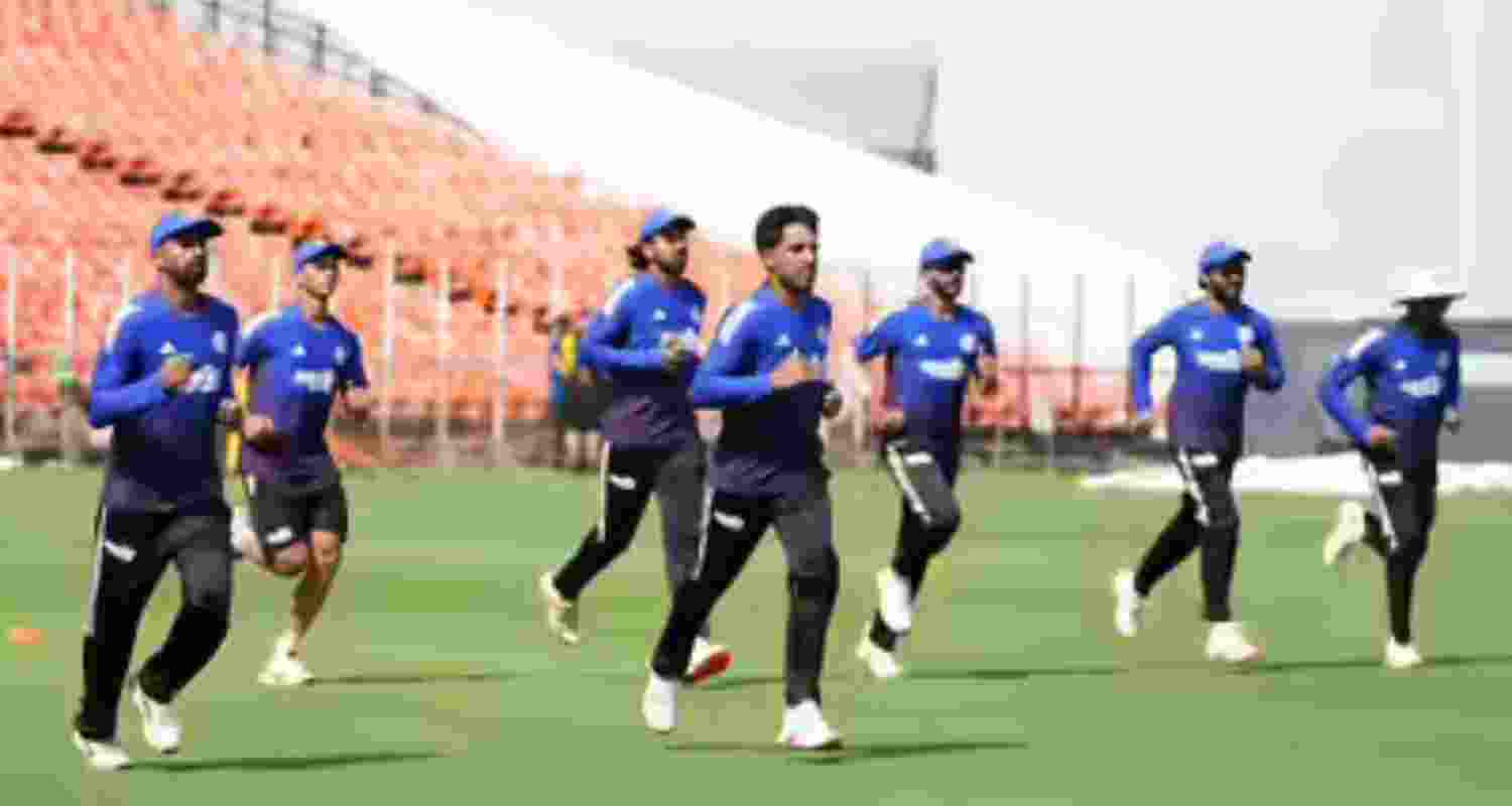 Indian players warming up during a practice session ahead of the first Test beginning in Ahmedabad on Thursday. Indian players warming up during a practice session ahead of the first Test beginning in Ahmedabad on Thursday.