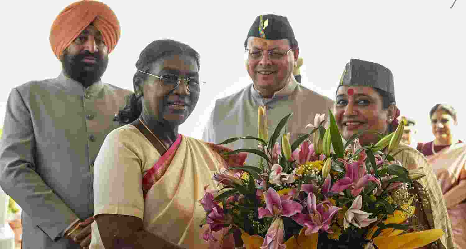 President Droupadi Murmu being welcomed by Uttarakhand Assembly Speaker Ritu Khanduri Bhushan at the state Legislative Assembly commemorating the silver jubilee of the state, in Dehradun. President Droupadi Murmu being welcomed by Uttarakhand Assembly Speaker Ritu Khanduri Bhushan at the state Legislative Assembly commemorating the silver jubilee of the state, in Dehradun.